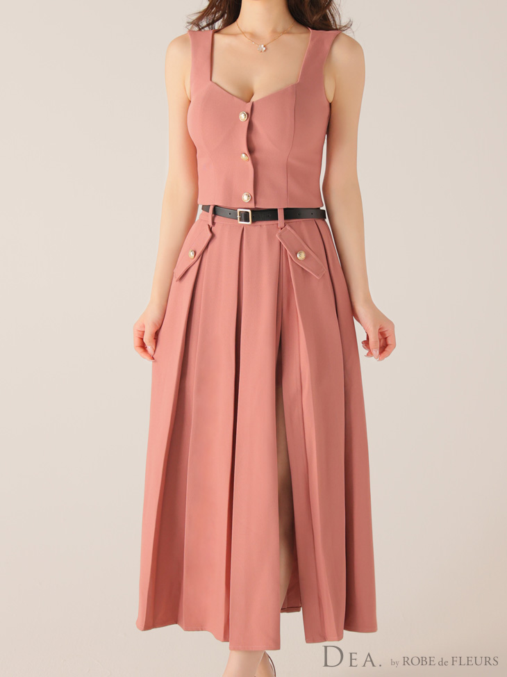 DEA. ディア バイ ローブドフルール 【XS～Lサイズあり】フロントボタンベルトスリットセットアップロングキャバドレス de4323