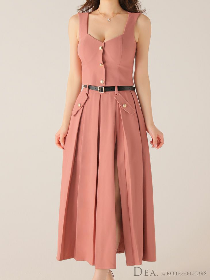 DEA. ディア バイ ローブドフルール 【XS～Lサイズあり】フロントボタンベルトスリットセットアップロングキャバドレス de4323