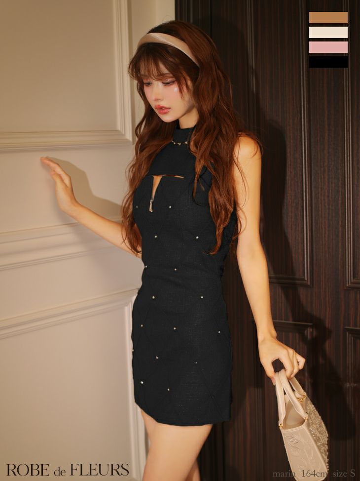 ROBE de FLEURS ローブドフルール 【XSサイズあり】ラメ入りツイードデコルテカッティングタイトミニキャバドレス fm4162