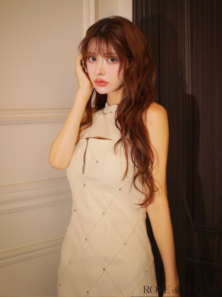 ROBE de FLEURS ローブドフルール 【XSサイズあり】ラメ入りツイードデコルテカッティングタイトミニキャバドレス fm4162