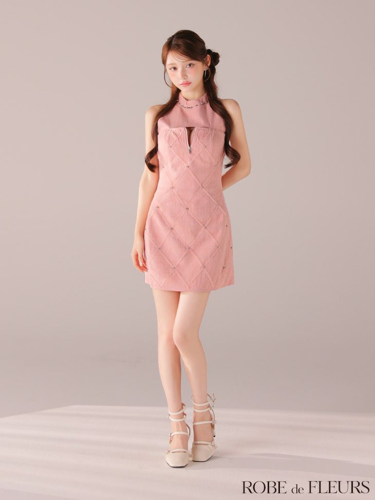 ROBE de FLEURS ローブドフルール 【XSサイズあり】ラメ入りツイードデコルテカッティングタイトミニキャバドレス fm4162