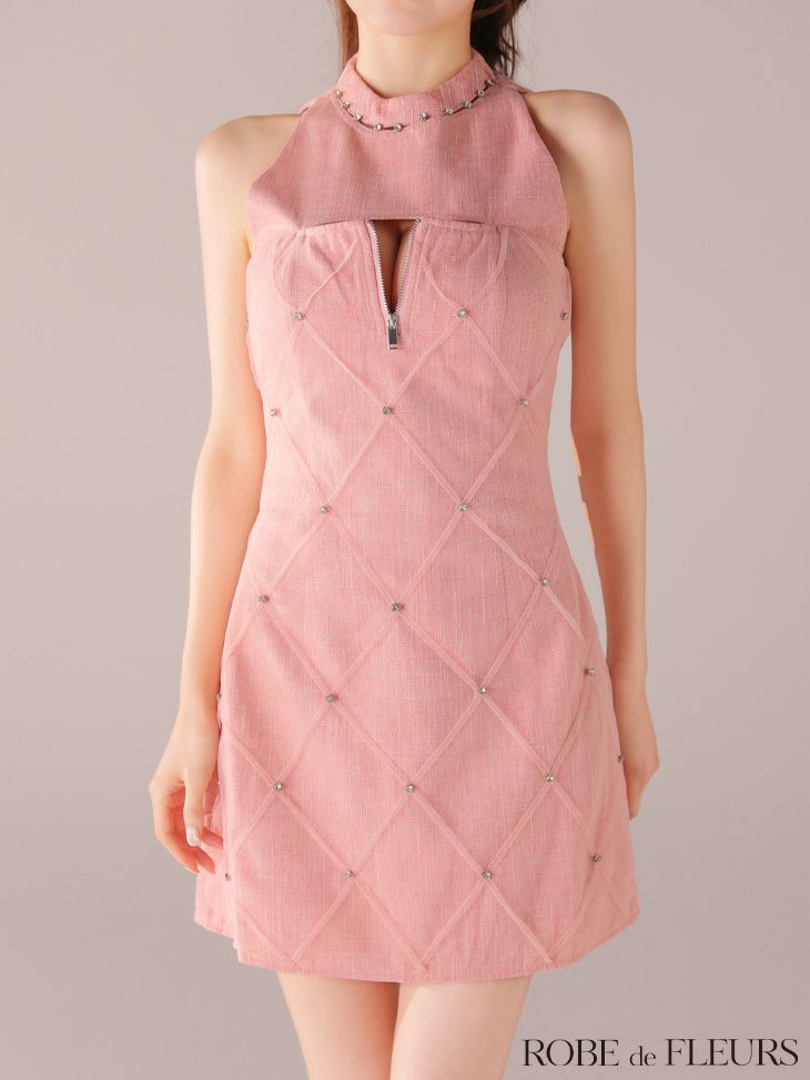 ROBE de FLEURS ローブドフルール 【XSサイズあり】ラメ入りツイードデコルテカッティングタイトミニキャバドレス fm4162