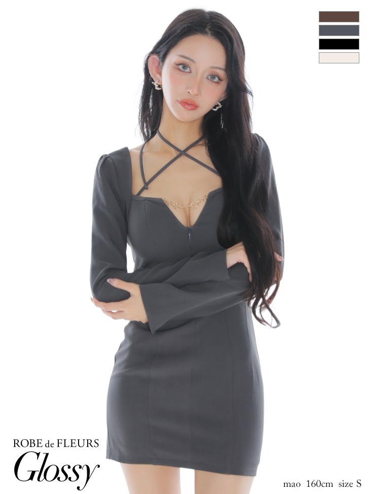 Glossy ローブドフルールグロッシー 【S～Lサイズあり】ホルターバストカットロングスリーブタイトミニキャバドレス gl3953-c