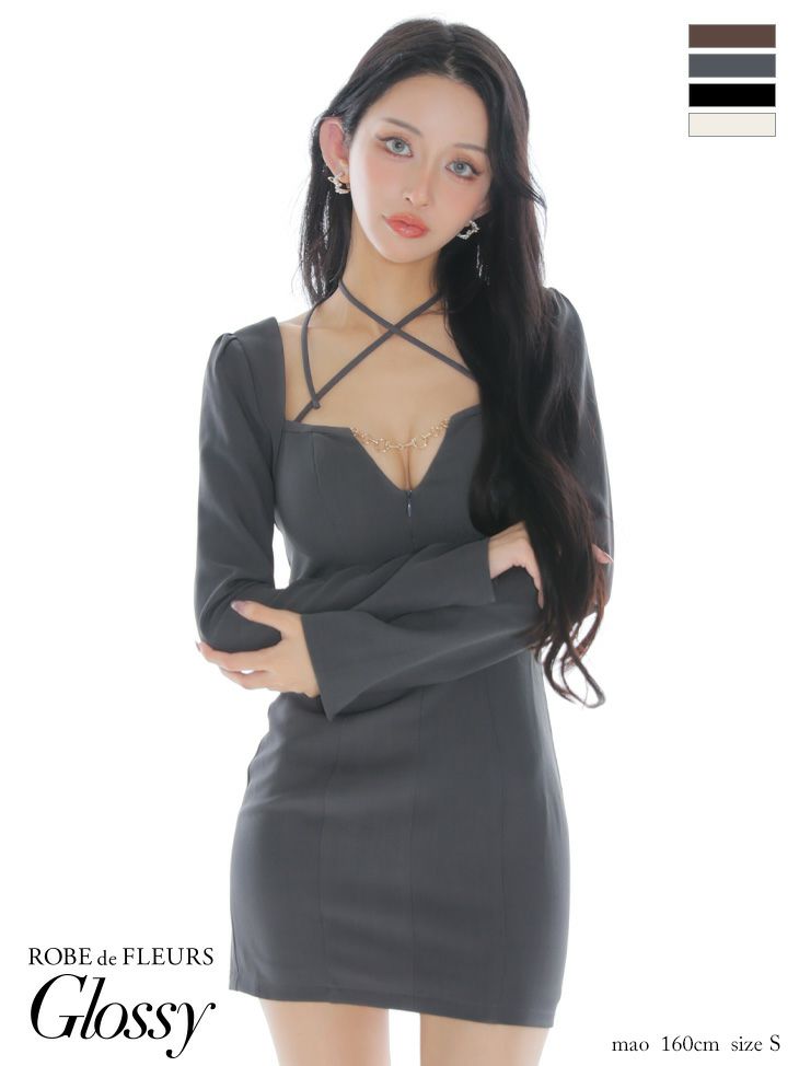 Glossy ローブドフルールグロッシー 【S～Lサイズあり】ホルターバストカットロングスリーブタイトミニキャバドレス gl3953-c