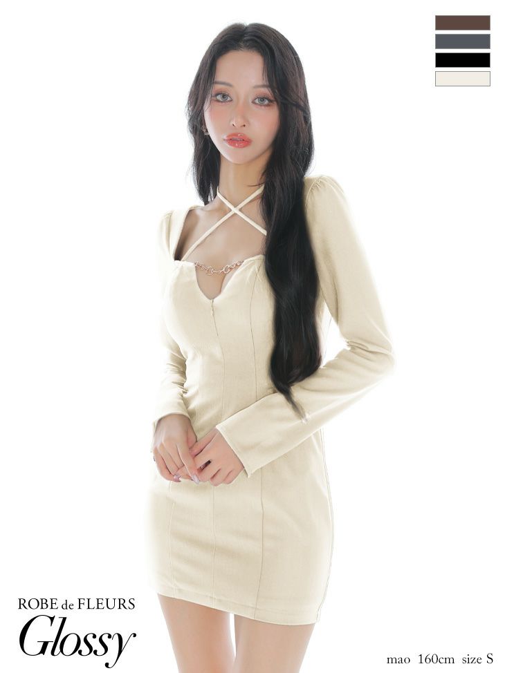 Glossy ローブドフルールグロッシー 【S～Lサイズあり】ホルターバストカットロングスリーブタイトミニキャバドレス gl3953-c