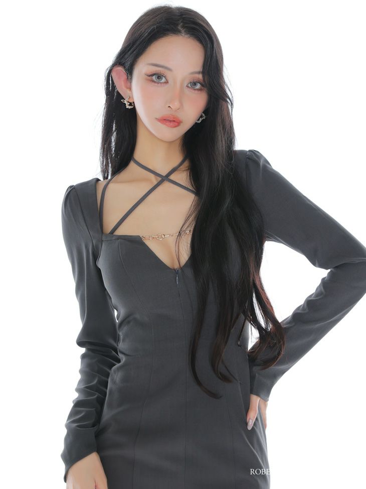 Glossy ローブドフルールグロッシー 【S～Lサイズあり】ホルターバストカットロングスリーブタイトミニキャバドレス gl3953-c