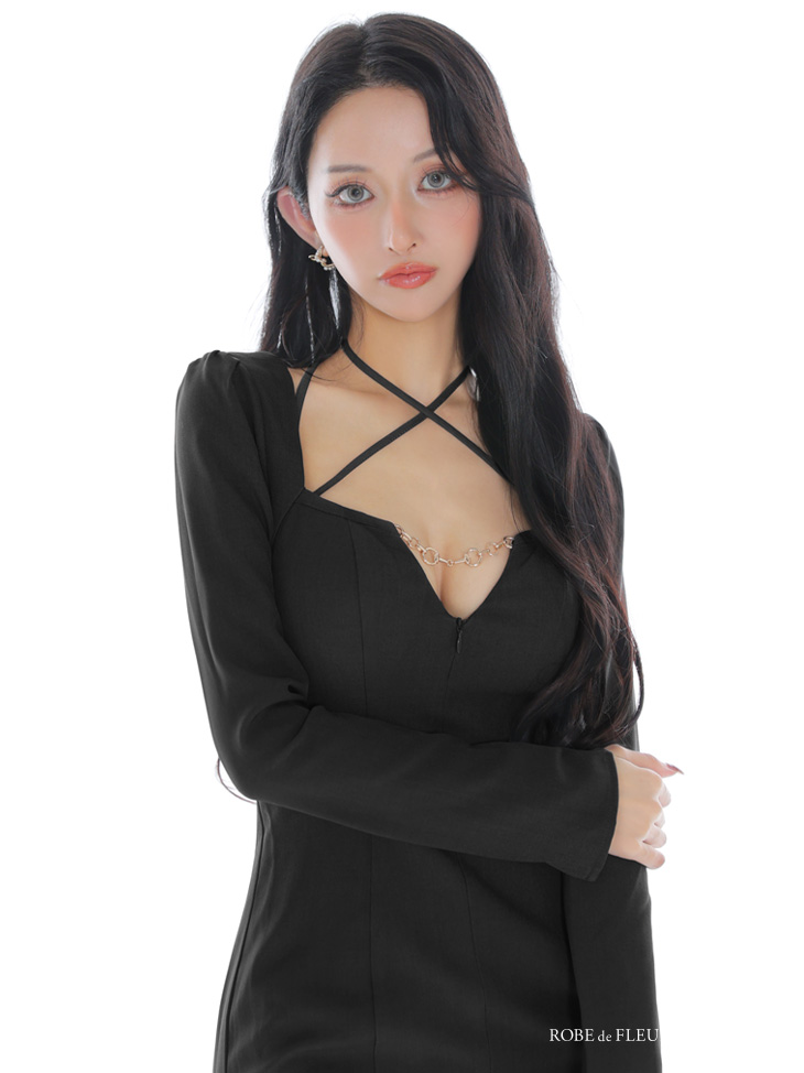 Glossy ローブドフルールグロッシー 【S～Lサイズあり】ホルターバストカットロングスリーブタイトミニキャバドレス gl3953-c