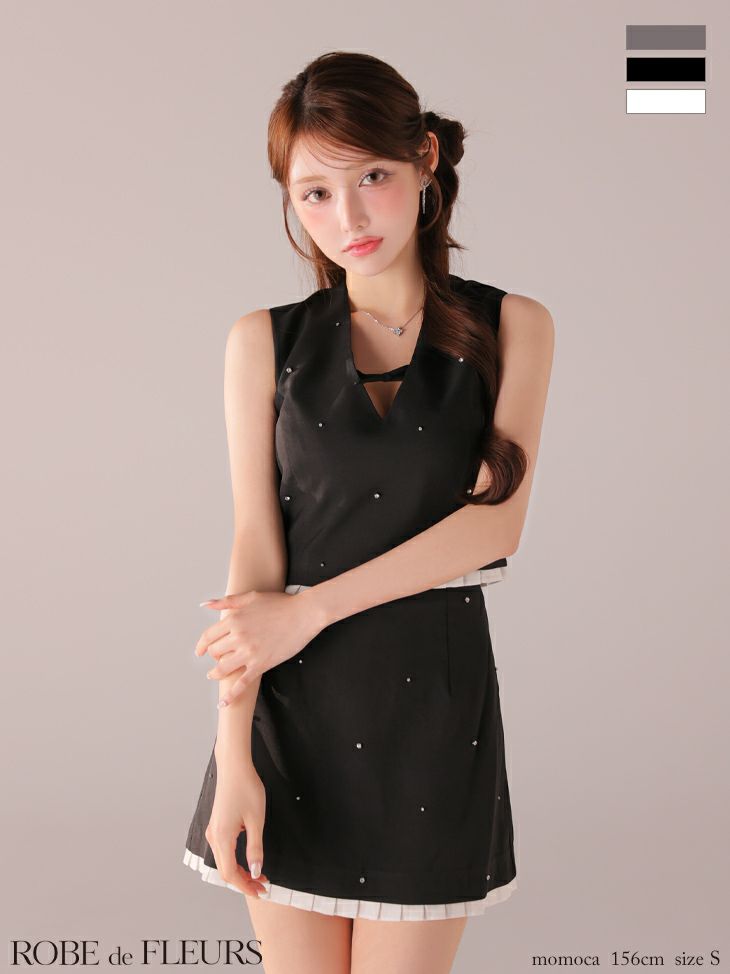 ROBE de FLEURS ローブドフルール 【XSサイズあり】バストリボンストーン付きセットアップミニキャバドレス fm4325-c