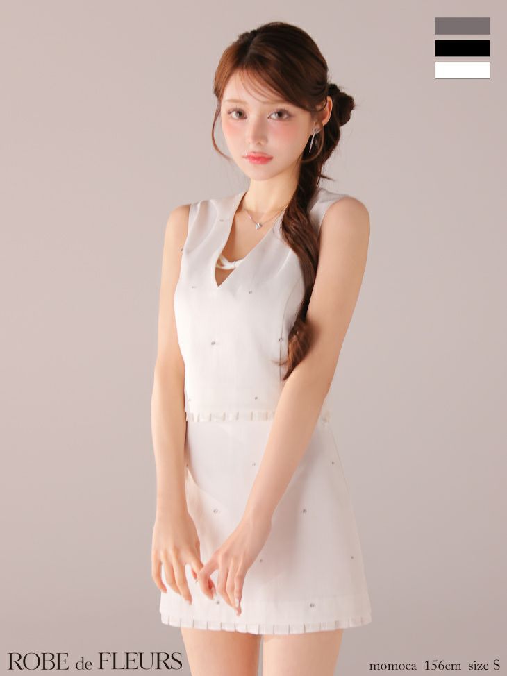 ROBE de FLEURS ローブドフルール 【XSサイズあり】バストリボンストーン付きセットアップミニキャバドレス fm4325-c