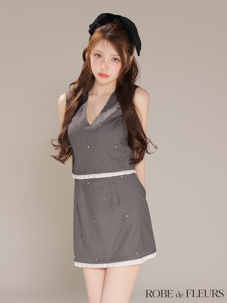 ROBE de FLEURS ローブドフルール 【XSサイズあり】バストリボンストーン付きセットアップミニキャバドレス fm4325-c