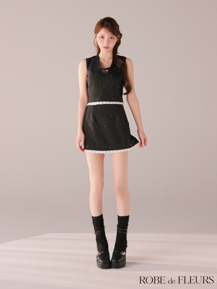 ROBE de FLEURS ローブドフルール 【XSサイズあり】バストリボンストーン付きセットアップミニキャバドレス fm4325-c
