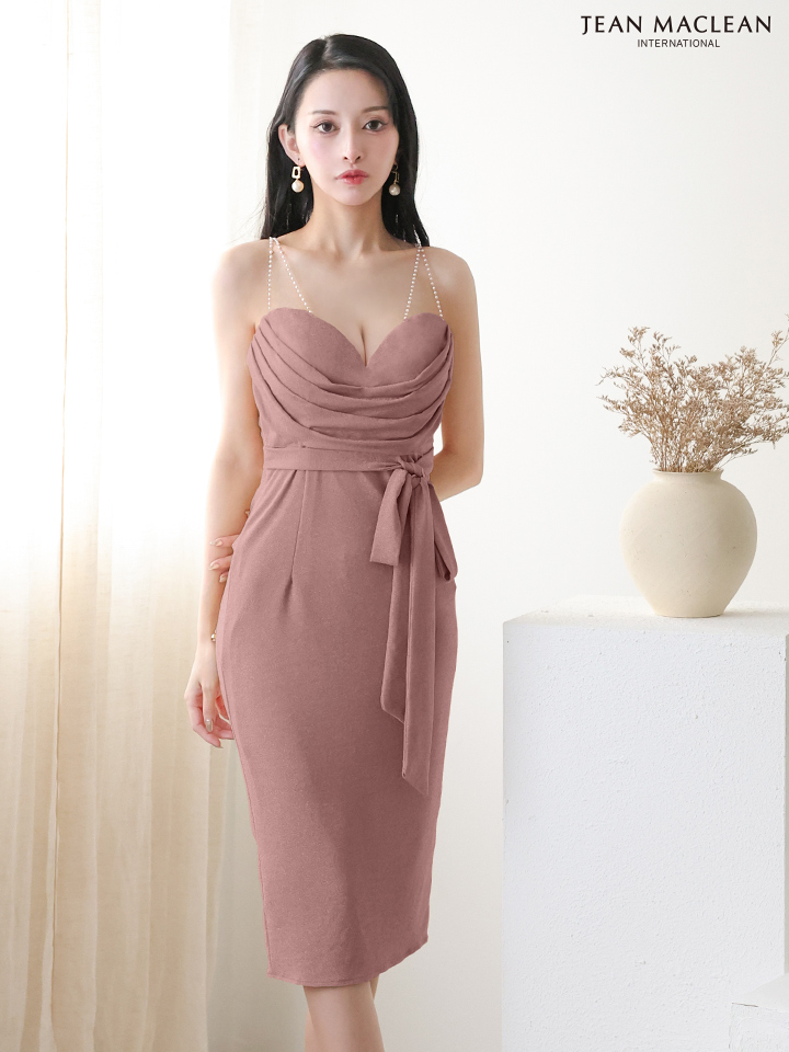 JEAN MACLEAN ジャンマクレーン ラメニット/ドレープ/リボンベルト/シアーショルダー/タイト ミディアムドレス ja55095-c