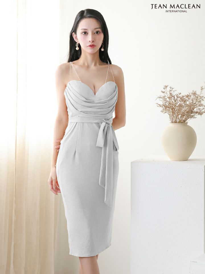 JEAN MACLEAN ジャンマクレーン ラメニット/ドレープ/リボンベルト/シアーショルダー/タイト ミディアムドレス ja55095-c
