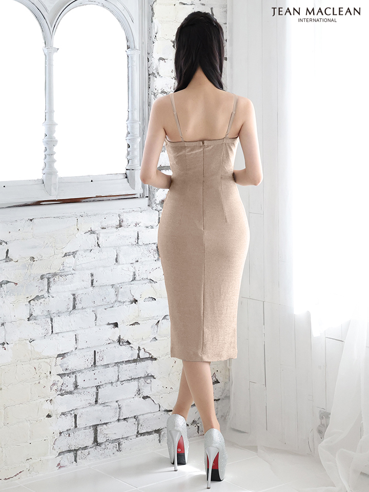 JEAN MACLEAN ジャンマクレーン ラメニット/ドレープ/リボンベルト/シアーショルダー/タイト ミディアムドレス ja55095-c
