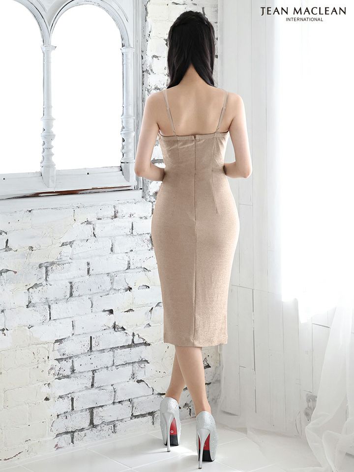 JEAN MACLEAN ジャンマクレーン ラメニット/ドレープ/リボンベルト/シアーショルダー/タイト ミディアムドレス ja55095-c