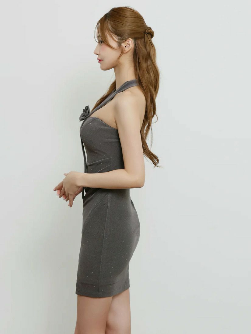 AngelR エンジェルアール ホルターネックデコルテフラワーラメタイトミニドレス ar25858-ks