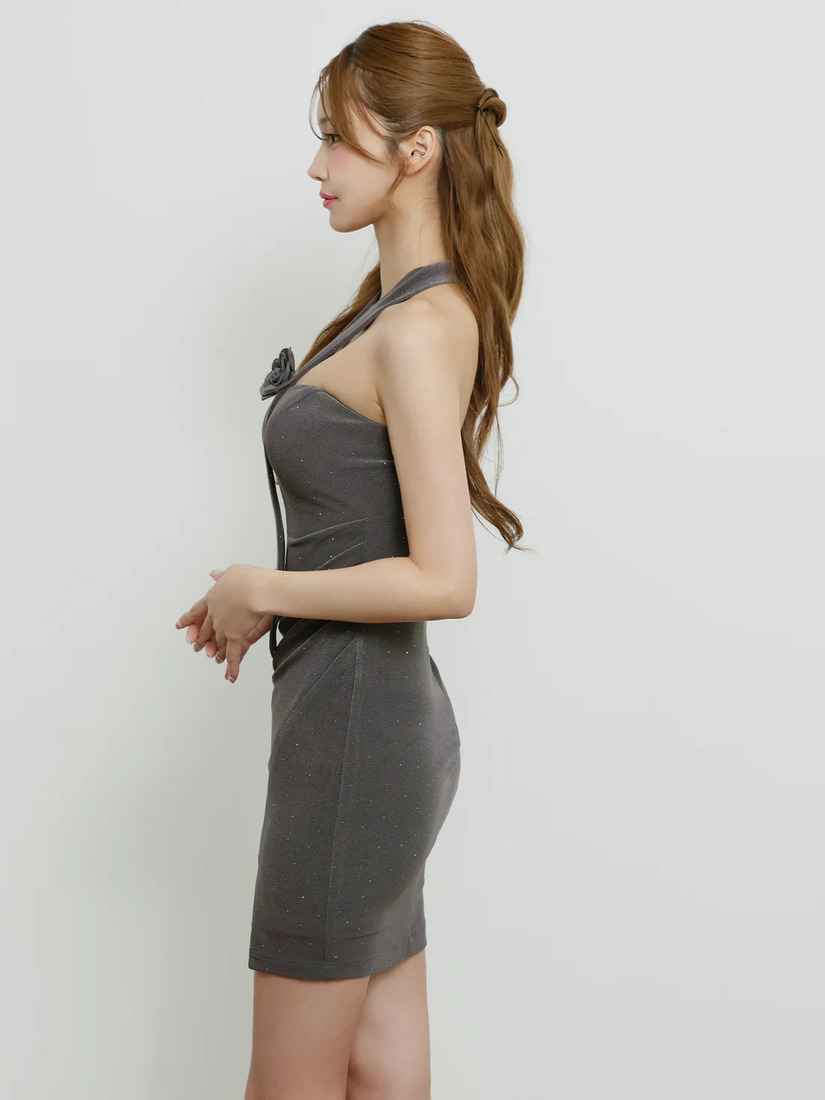 AngelR エンジェルアール ホルターネックデコルテフラワーラメタイトミニドレス ar25858-ks