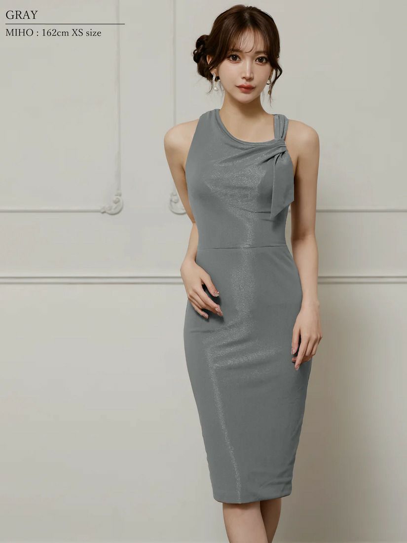 Veautt ヴュート アシンメトリーリボンデザインラメタイトミディアムドレス vt032509