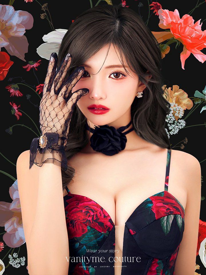 vanityME.couture. バニティミークチュール ダークローズ ローズプリント 花柄 Vカット プリンセス 姫 ロングドレス バースデードレス ブラック vctr-l-a1465