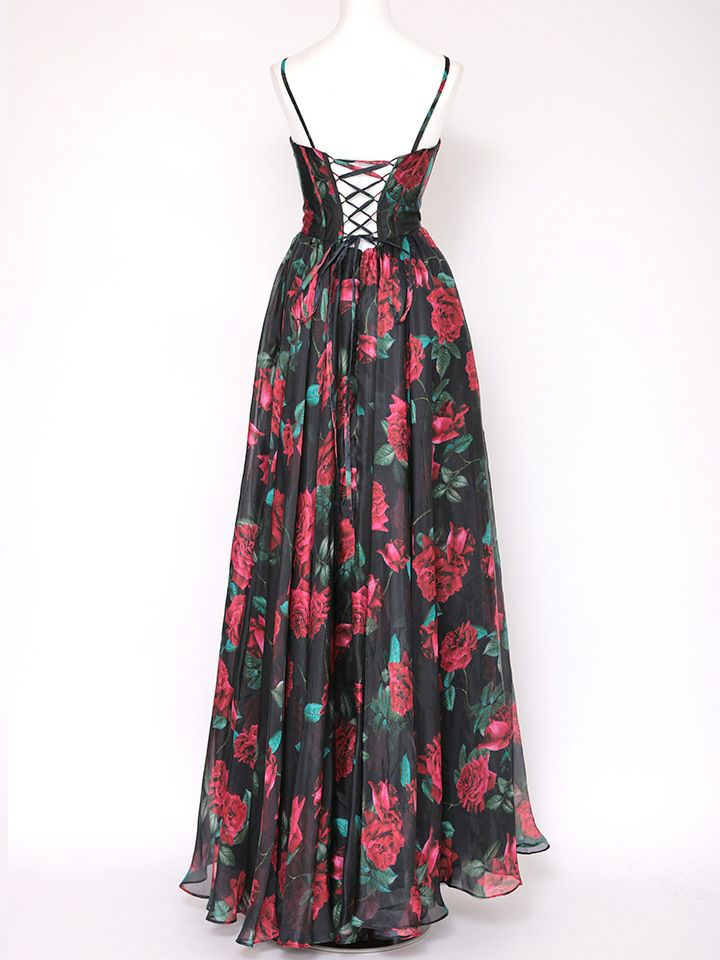 vanityME.couture. バニティミークチュール ダークローズ ローズプリント 花柄 Vカット プリンセス 姫 ロングドレス バースデードレス ブラック vctr-l-a1465