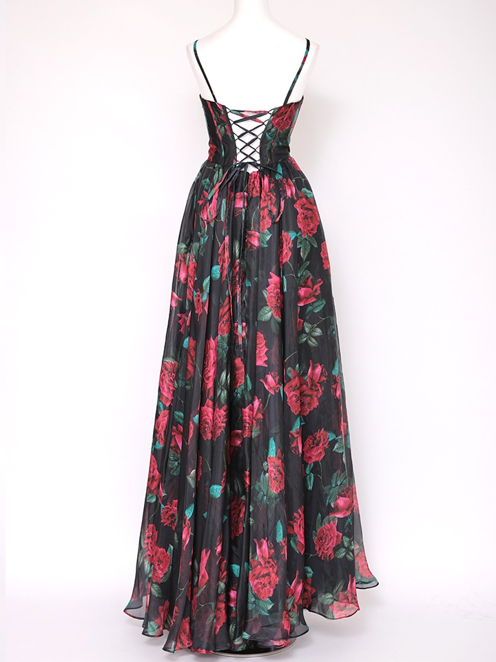 vanityME.couture. バニティミークチュール ダークローズ ローズプリント 花柄 Vカット プリンセス 姫 ロングドレス バースデードレス ブラック vctr-l-a1465