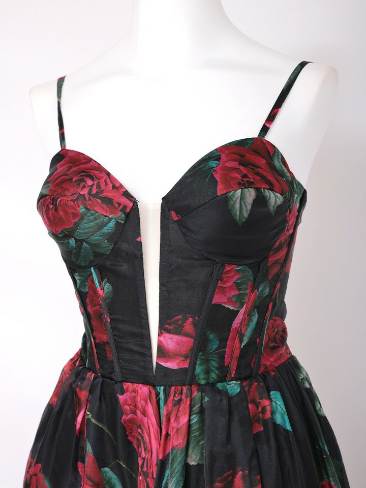 vanityME.couture. バニティミークチュール ダークローズ ローズプリント 花柄 Vカット プリンセス 姫 ロングドレス バースデードレス ブラック vctr-l-a1465