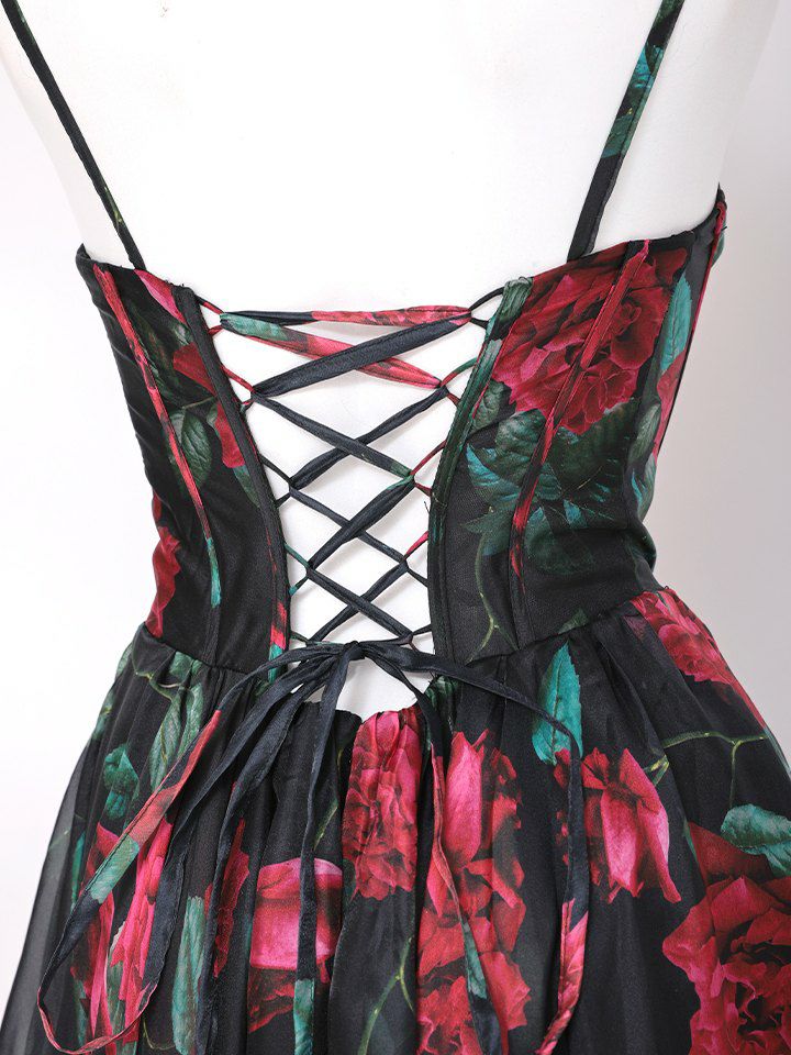 vanityME.couture. バニティミークチュール ダークローズ ローズプリント 花柄 Vカット プリンセス 姫 ロングドレス バースデードレス ブラック vctr-l-a1465