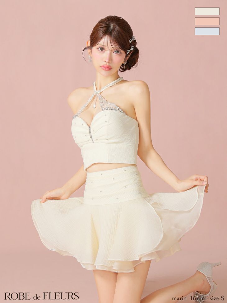 ROBE de FLEURS ローブドフルール 【XSサイズあり】ビジューホルターシフォンフレアミニキャバドレス fm4103