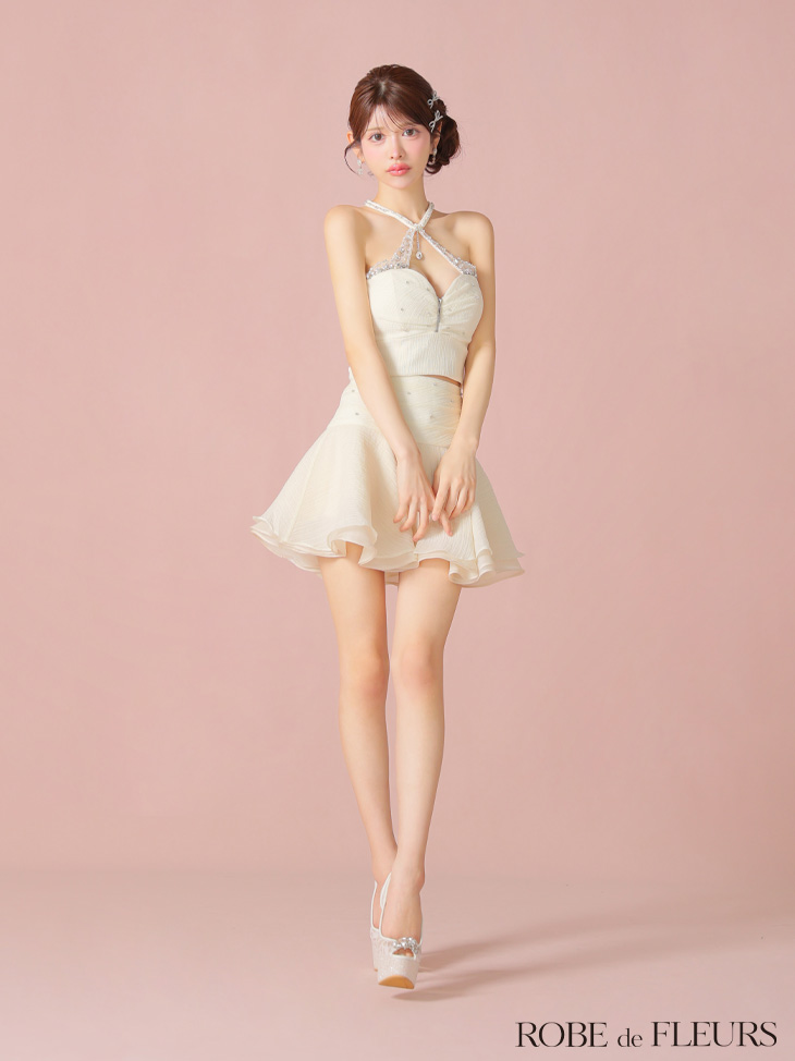 ROBE de FLEURS ローブドフルール 【XSサイズあり】ビジューホルターシフォンフレアミニキャバドレス fm4103