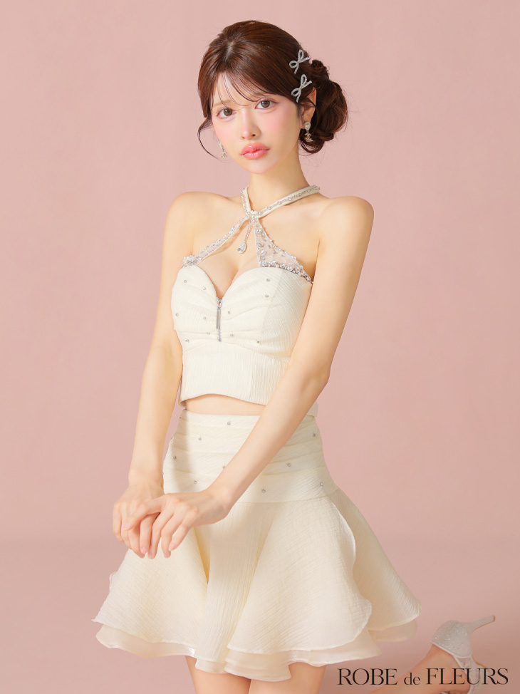 ROBE de FLEURS ローブドフルール 【XSサイズあり】ビジューホルターシフォンフレアミニキャバドレス fm4103