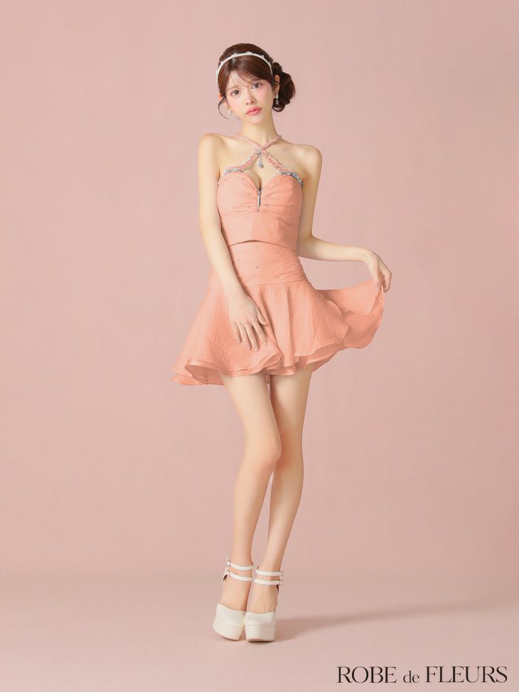 ROBE de FLEURS ローブドフルール 【XSサイズあり】ビジューホルターシフォンフレアミニキャバドレス fm4103