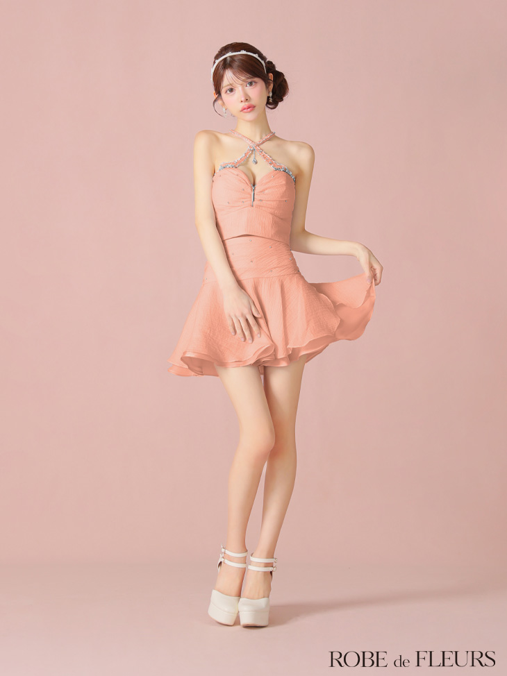 ROBE de FLEURS ローブドフルール 【XSサイズあり】ビジューホルターシフォンフレアミニキャバドレス fm4103