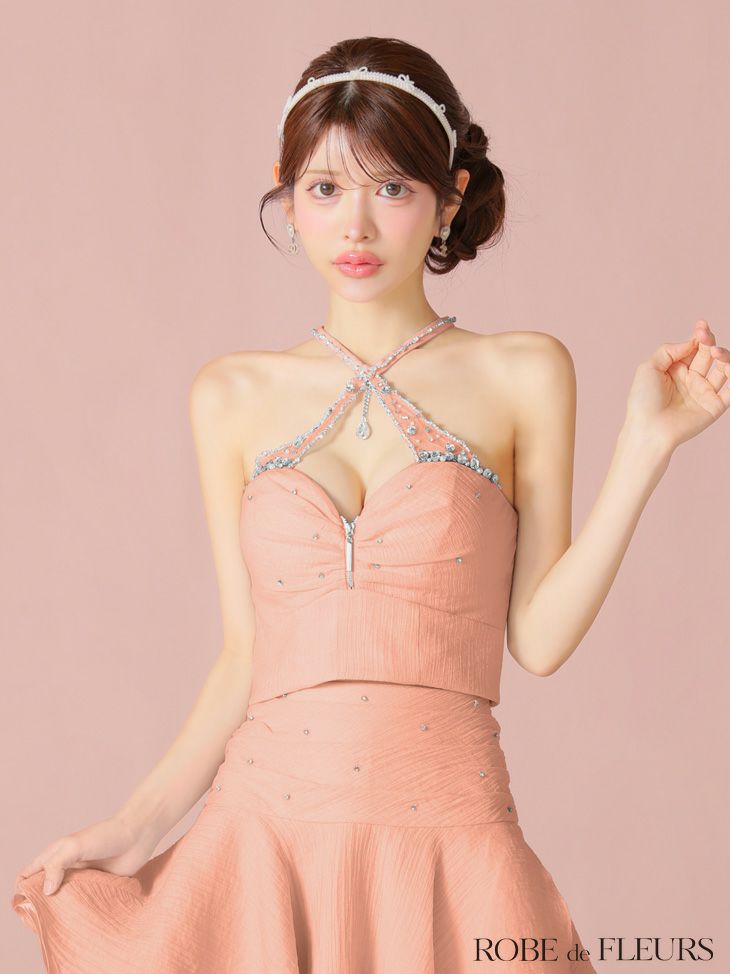 ROBE de FLEURS ローブドフルール 【XSサイズあり】ビジューホルターシフォンフレアミニキャバドレス fm4103