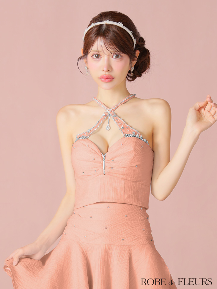 ROBE de FLEURS ローブドフルール 【XSサイズあり】ビジューホルターシフォンフレアミニキャバドレス fm4103