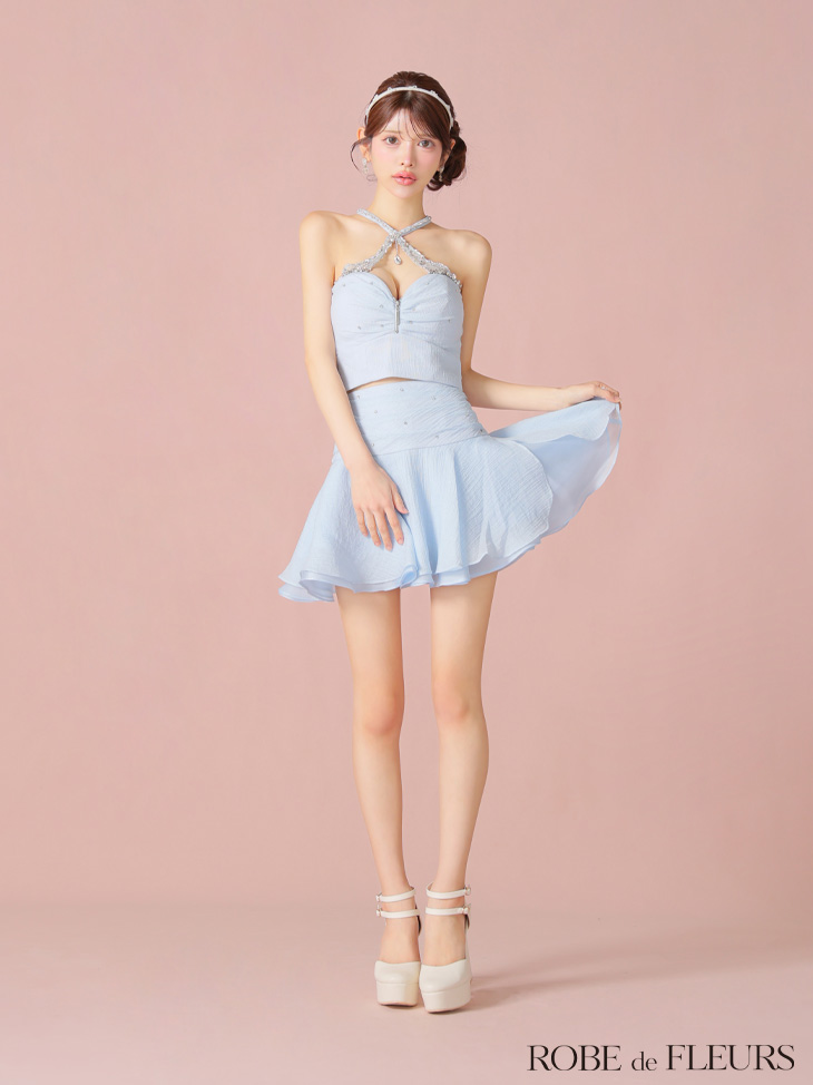 ROBE de FLEURS ローブドフルール 【XSサイズあり】ビジューホルターシフォンフレアミニキャバドレス fm4103