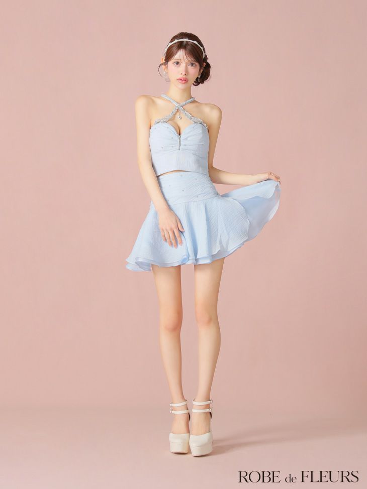 ROBE de FLEURS ローブドフルール 【XSサイズあり】ビジューホルターシフォンフレアミニキャバドレス fm4103