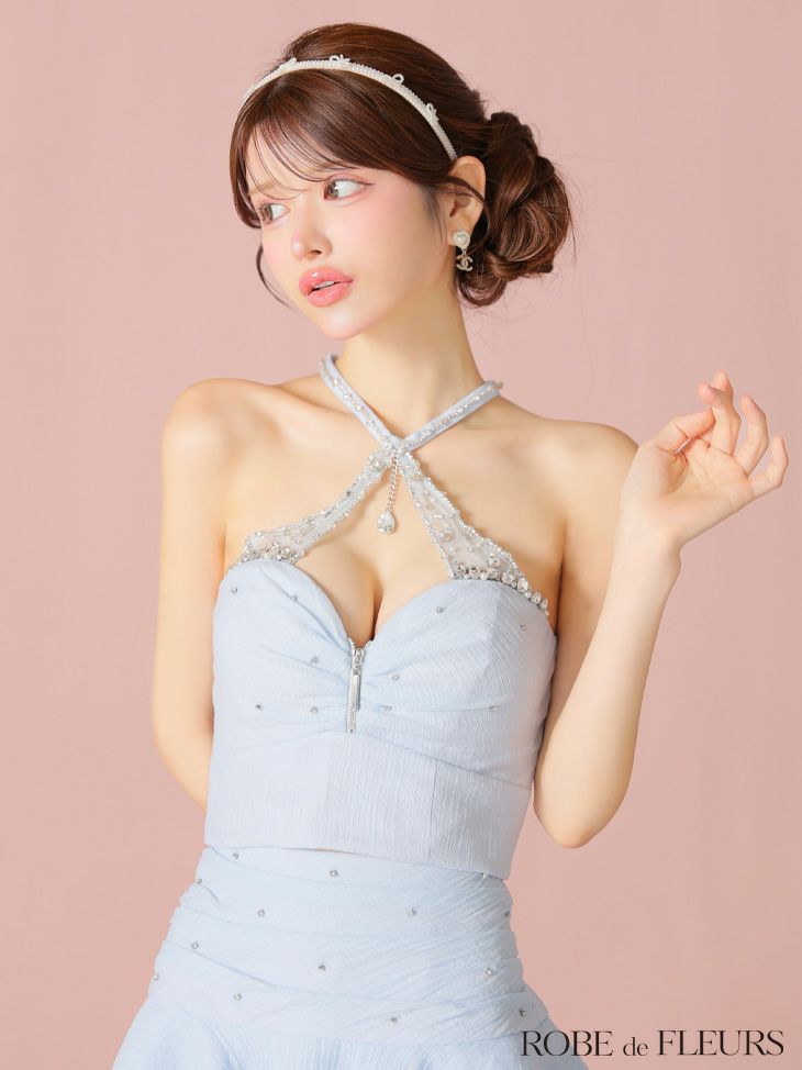 ROBE de FLEURS ローブドフルール 【XSサイズあり】ビジューホルターシフォンフレアミニキャバドレス fm4103