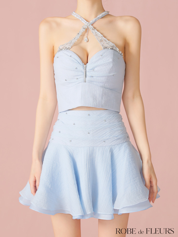 ROBE de FLEURS ローブドフルール 【XSサイズあり】ビジューホルターシフォンフレアミニキャバドレス fm4103