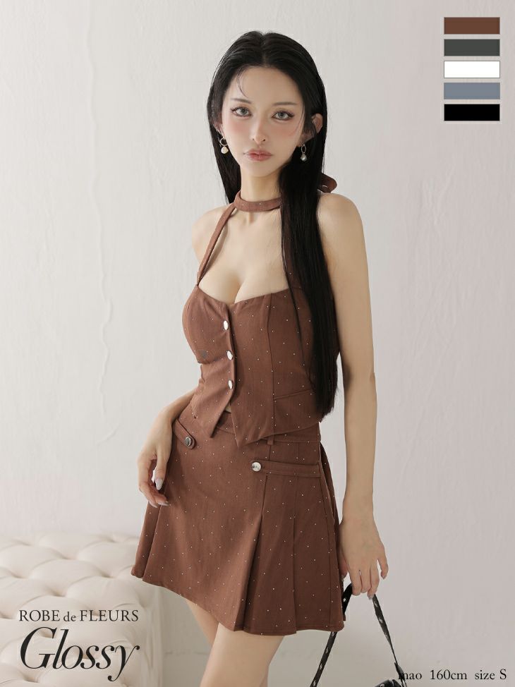 Glossy ローブドフルールグロッシー 【XSサイズあり】ストーン付きホルターシルバーボタンセットアップフレアミニキャバドレス gl4117