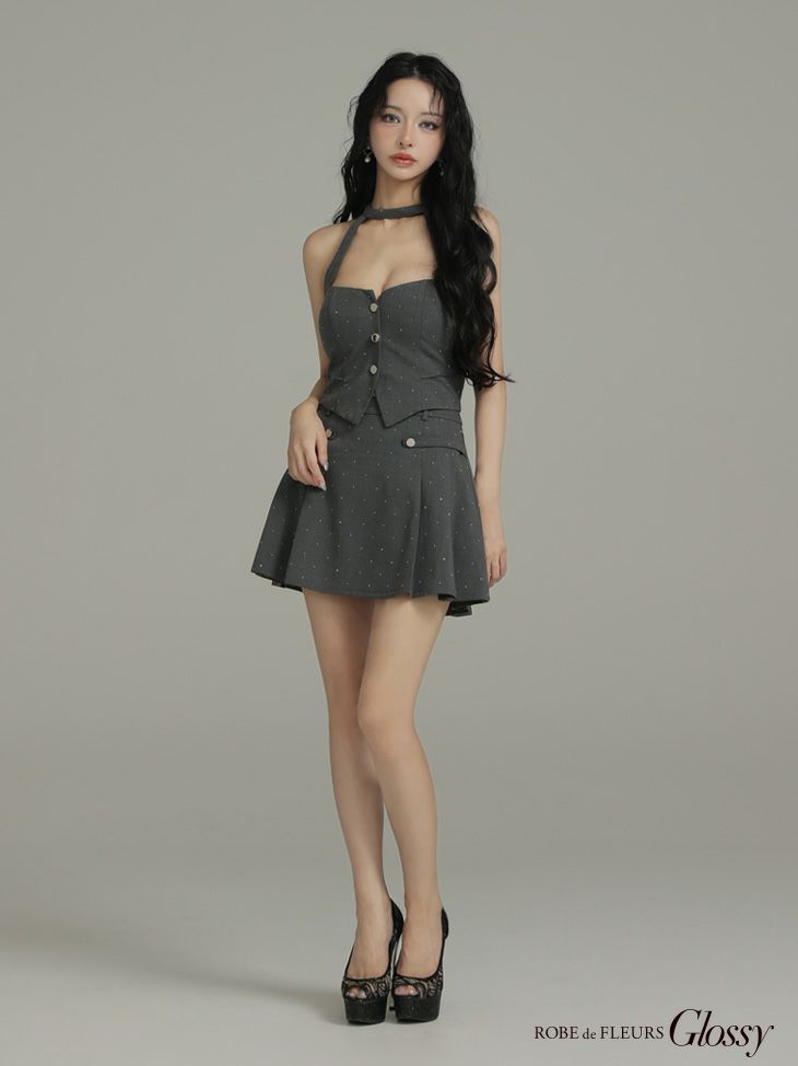 Glossy ローブドフルールグロッシー 【XSサイズあり】ストーン付きホルターシルバーボタンセットアップフレアミニキャバドレス gl4117
