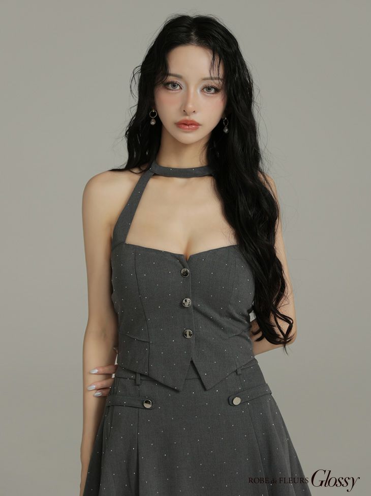 Glossy ローブドフルールグロッシー 【XSサイズあり】ストーン付きホルターシルバーボタンセットアップフレアミニキャバドレス gl4117