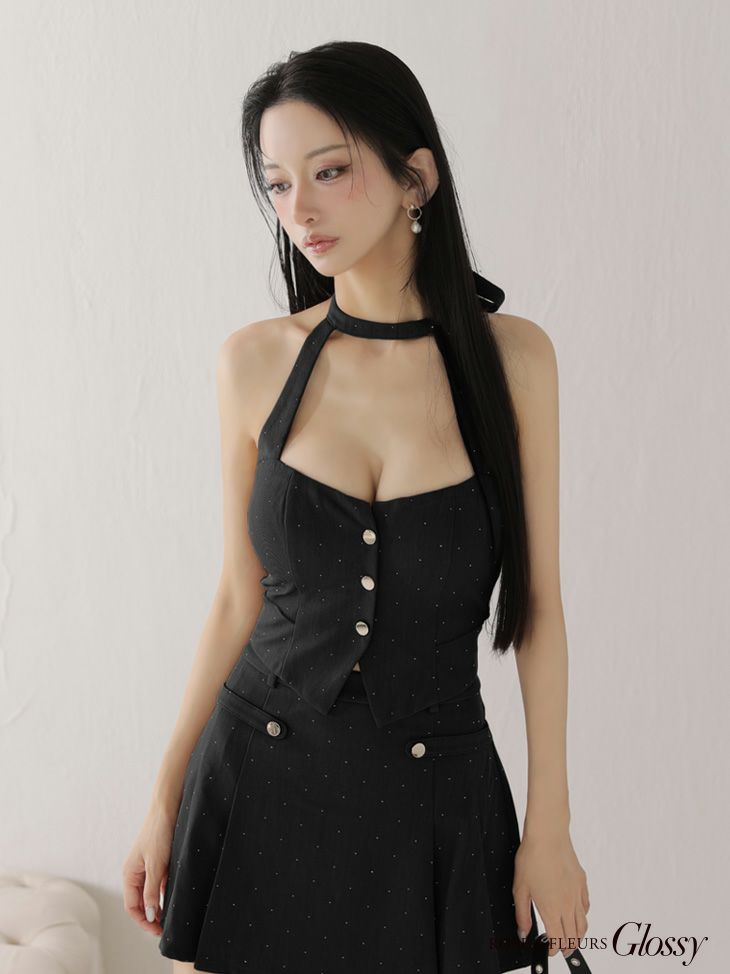 Glossy ローブドフルールグロッシー 【XSサイズあり】ストーン付きホルターシルバーボタンセットアップフレアミニキャバドレス gl4117