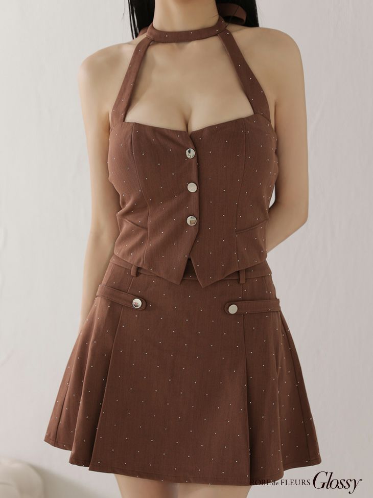 Glossy ローブドフルールグロッシー 【XSサイズあり】ストーン付きホルターシルバーボタンセットアップフレアミニキャバドレス gl4117