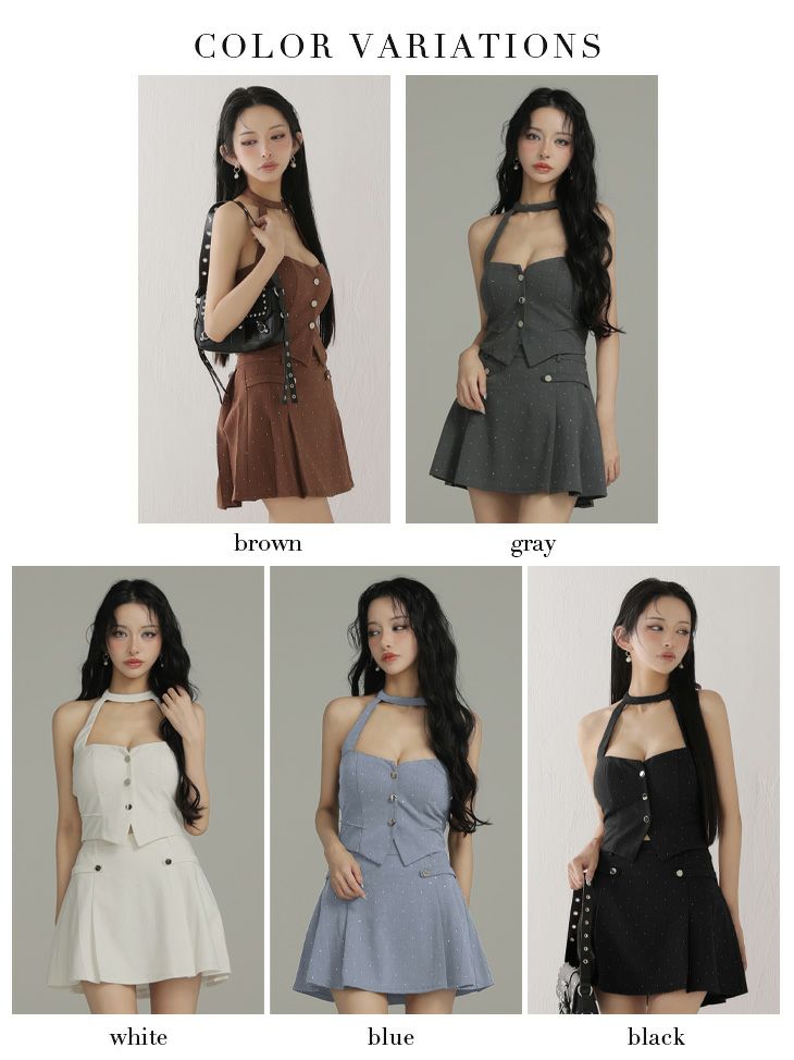 Glossy ローブドフルールグロッシー 【XSサイズあり】ストーン付きホルターシルバーボタンセットアップフレアミニキャバドレス gl4117