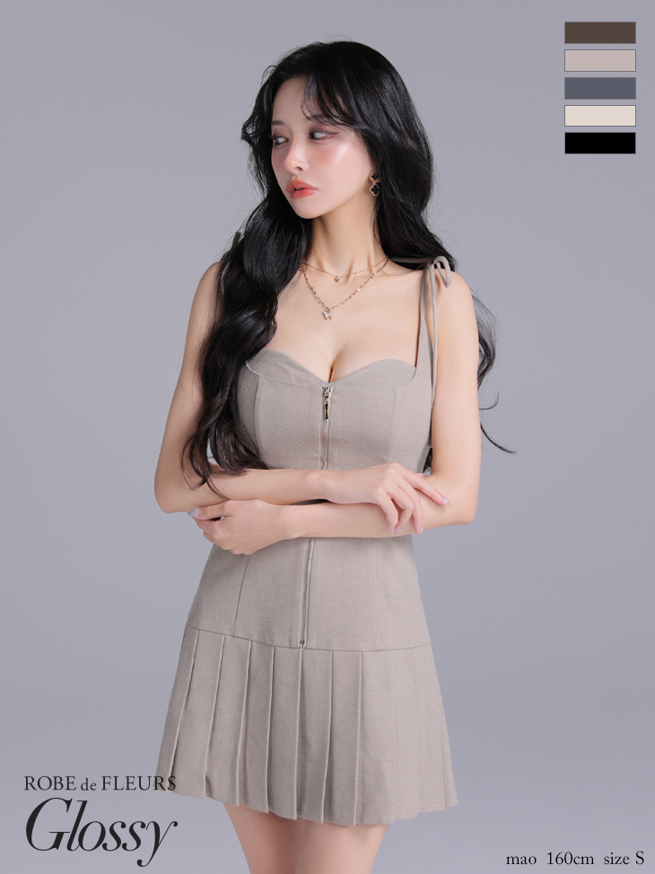 Glossy ローブドフルールグロッシー 【XSサイズあり】肩リボンバストジップフレアミニキャバドレス gl4612