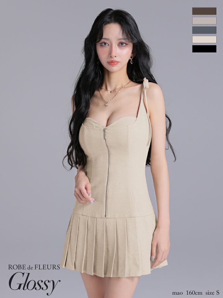 Glossy ローブドフルールグロッシー 【XSサイズあり】肩リボンバストジップフレアミニキャバドレス gl4612