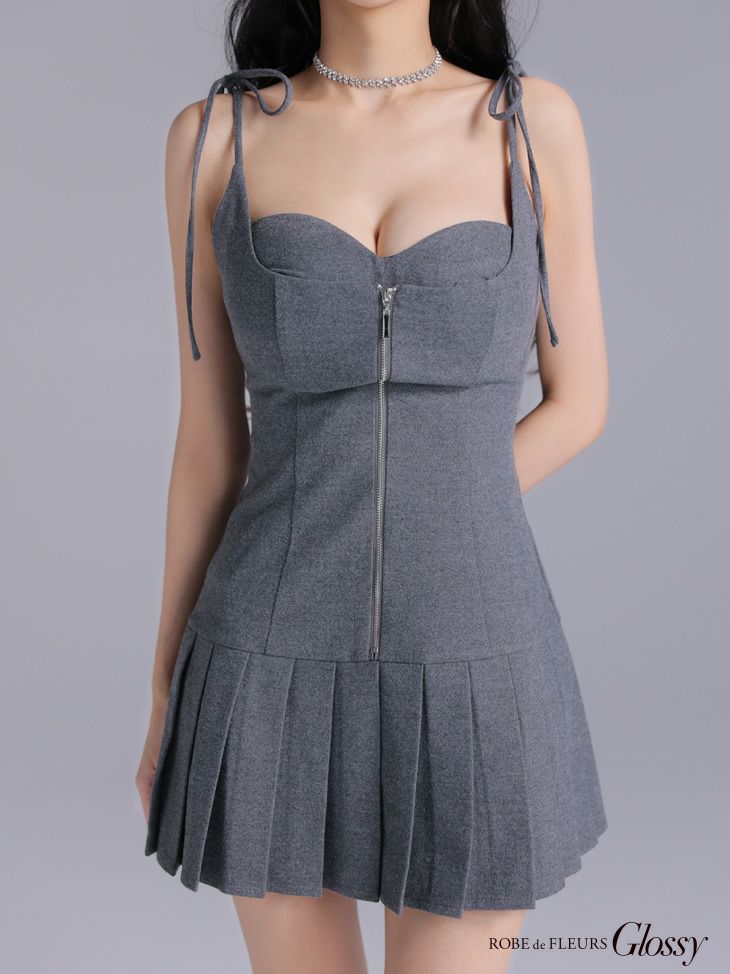 Glossy ローブドフルールグロッシー 【XSサイズあり】肩リボンバストジップフレアミニキャバドレス gl4612