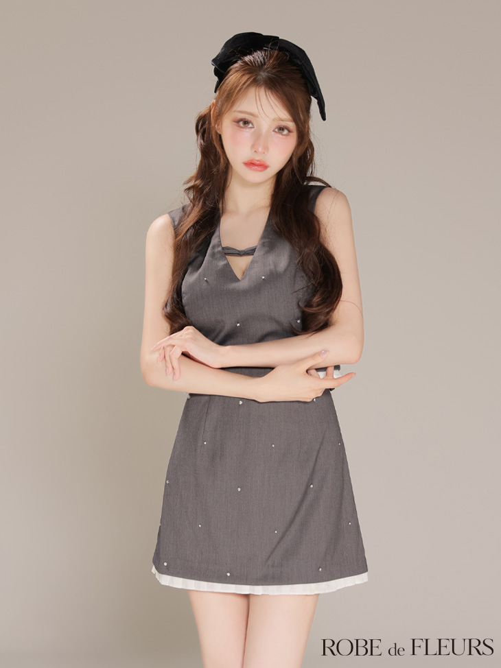 ROBE de FLEURS ローブドフルール 【XSサイズあり】バストリボンストーン付きセットアップミニキャバドレス fm4325