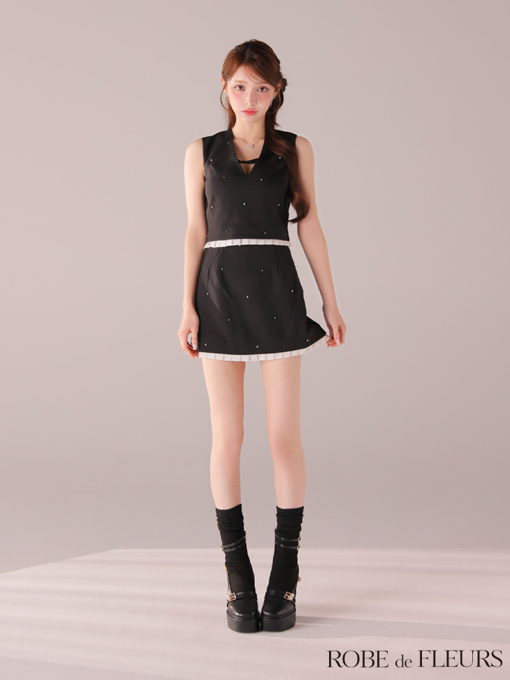 ROBE de FLEURS ローブドフルール 【XSサイズあり】バストリボンストーン付きセットアップミニキャバドレス fm4325