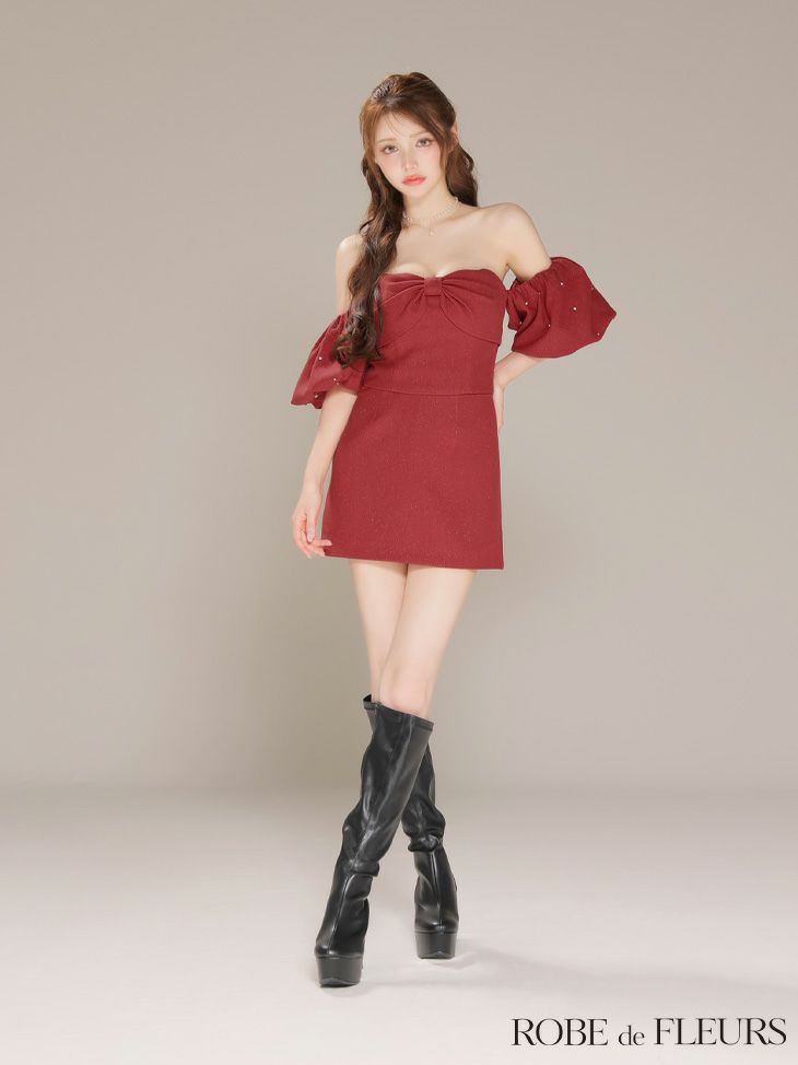 ROBE de FLEURS ローブドフルール 【XSサイズあり】オフショルダービックリボンセットアップタイトミニキャバドレス fm4700-c